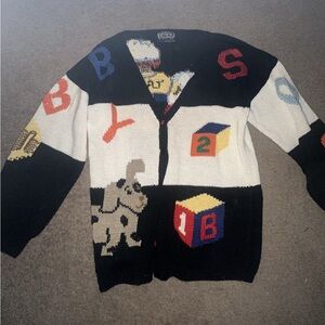 BEREK Hand Knit Pima Cotton Cardigan Storybook Graphic Sweater 1998